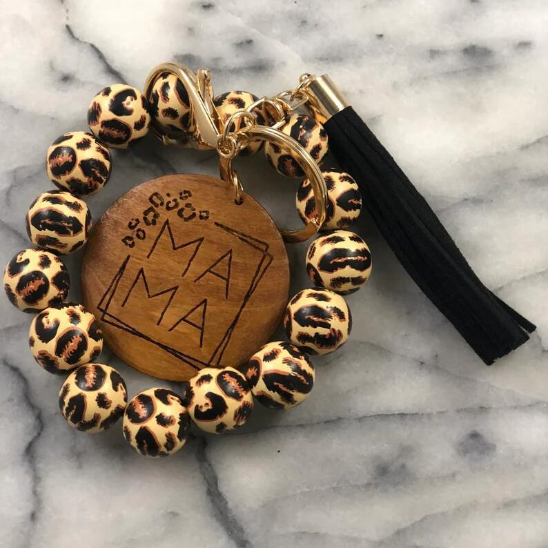 Wholesale Mother's Day Leopard Print Wooden Beads Tassel Bracelet Keychain